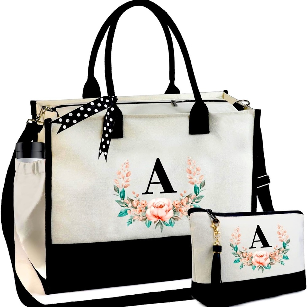 Personalized Tote Bag with Makeup bag, Letter A